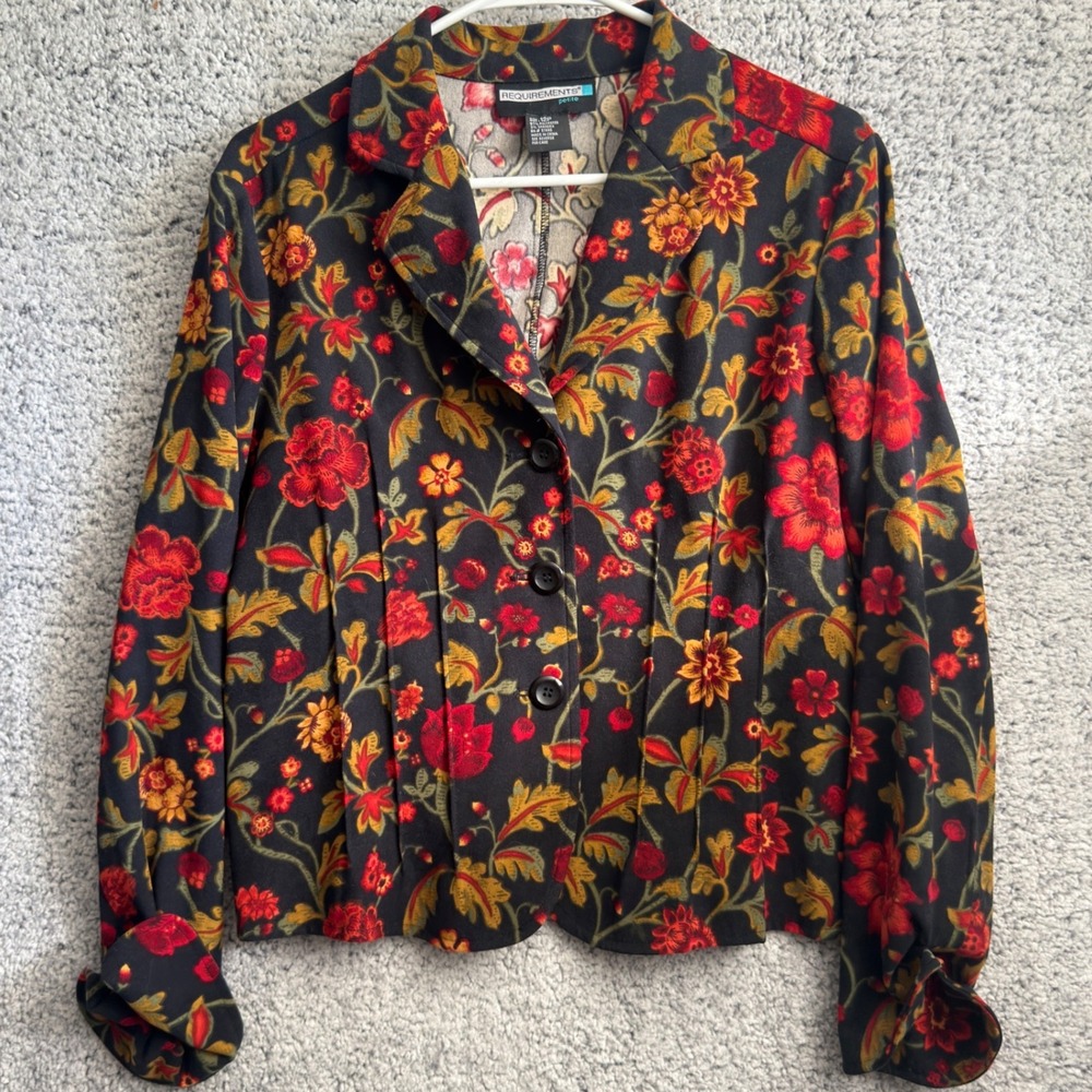 Dark Floral Print Slimming Blazer Big Buttons Requirements Womens 12P
